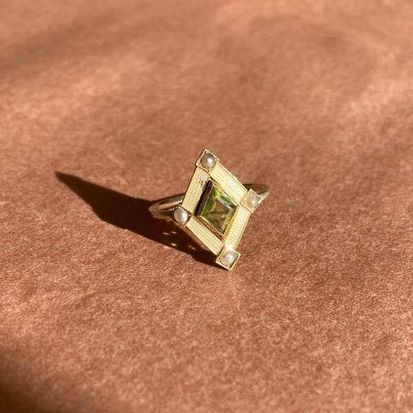 Victorian Peridot Ring. Antique Enamel Ring. Seed Pearl and Peridot Ring. Stick Pin Conversion Ring. Rare Victorian Ring.