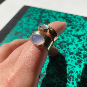 Gold Cigar Band Ring. Blue Chalcedony Ring. Oval Chalcedony Ring. Architectural Mid-Century Gold Ring. Modernist Ring. Cigar Band Ring. image 1