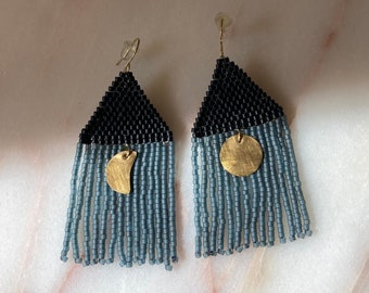 Beaded Moon Earrings. Black and Indigo Moon Phase Fringe Earrings. Brick Stitch Earrings. Tassel Fringe Earrings.