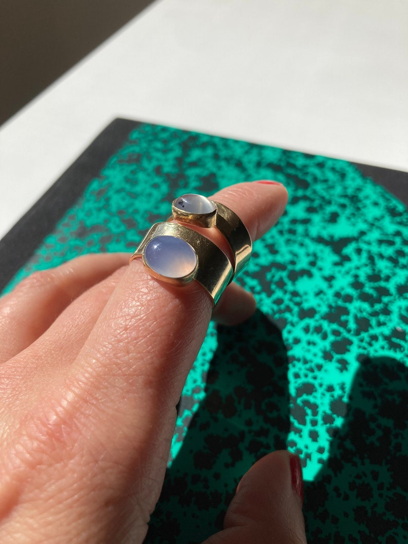 Gold Cigar Band Ring. Blue Chalcedony Ring. Oval Chalcedony Ring. Architectural Mid-Century Gold Ring. Modernist Ring. Cigar Band Ring. image 1