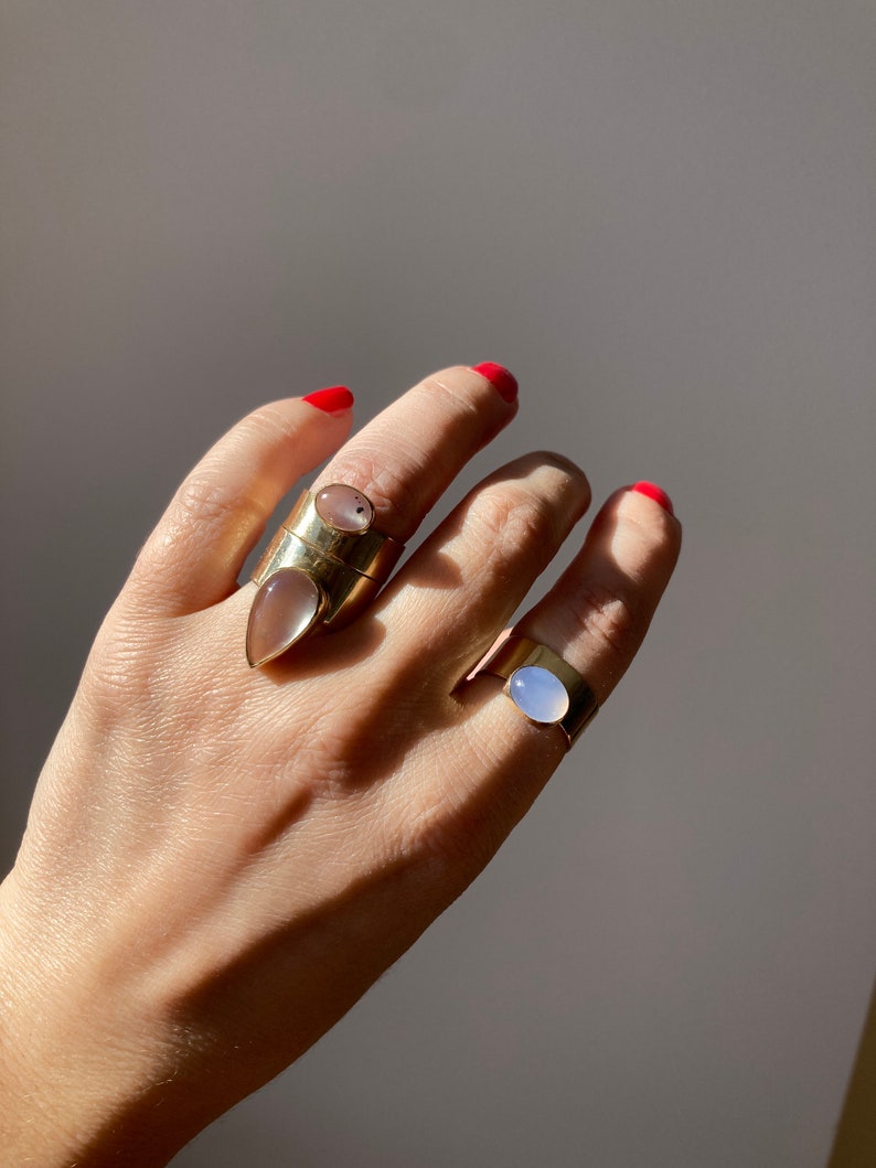 Gold Cigar Band Ring. Blue Chalcedony Ring. Oval Chalcedony Ring. Architectural Mid-Century Gold Ring. Modernist Ring. Cigar Band Ring. image 5