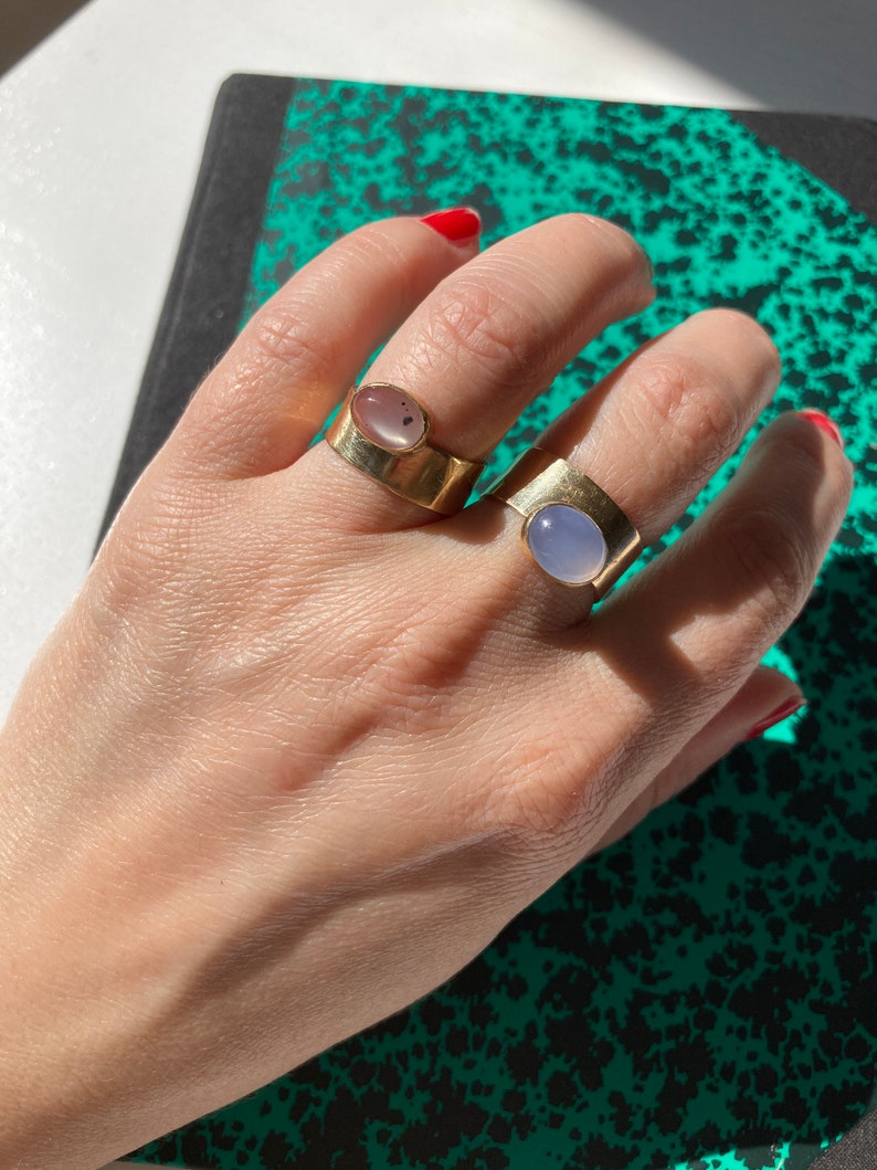 Gold Cigar Band Ring. Blue Chalcedony Ring. Oval Chalcedony Ring. Architectural Mid-Century Gold Ring. Modernist Ring. Cigar Band Ring. image 4