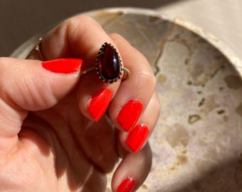 Victorian Garnet Ring. Antique 14k Gold Garnet Teardrop Cabochon. Stick Pin Conversion.