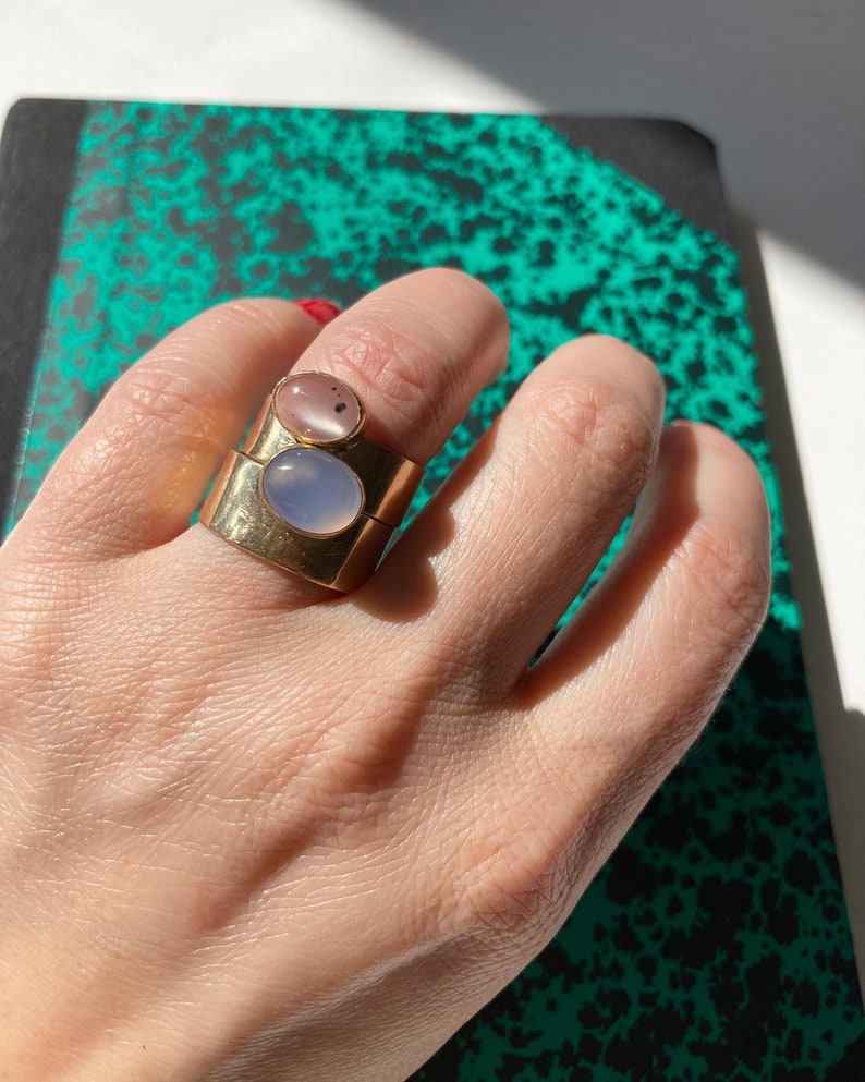 Gold Cigar Band Ring. Blue Chalcedony Ring. Oval Chalcedony Ring. Architectural Mid-Century Gold Ring. Modernist Ring. Cigar Band Ring. image 2