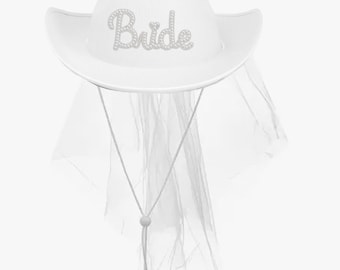 May include: White cowboy hat with the word "Bride" in a pearl-like font. The hat has a matching white veil and a chin strap. This bridal accessory is perfect for a bachelorette party or wedding.