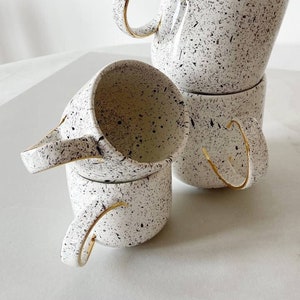 Handmade Porcelain Dalmatian mug with twisted handle, Modern large tea mug, Golden handle cup, Handmade white speckled cup for latte