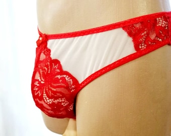 Men's Red Lace Panties, Mesh Underwear