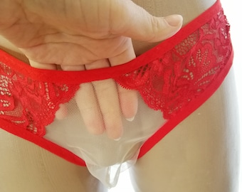 May include: Red lace and mesh underwear with a delicate floral pattern.