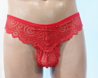 Red Lace Men's Panties, Open Back Brazilian Bottom