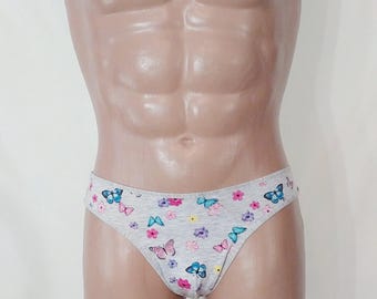Men’s Brazilian Briefs – Printed Cotton Front, Lace Back, Handmade Underwear
