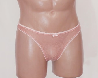 Handmade Pink Lace Thong for Men, men's transparent mesh panties