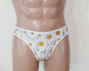 Handmade Cotton Lace Panties for Men, Daisy Print, Brazilian Briefs