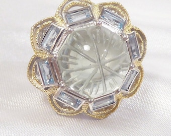 SALE!  Carved Natural Prasiolite Green Amethyst, Sky Blue Topaz Flower Ring, 14k Gold Vermeil, Sterling Silver, Size 8
