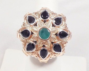 ON SALE! Very Bold 4.58 cts Natural Emerald, Black Spinel Mandala Flower Swan Ring, 14k Rose Gold Vermeil, Sterling Silver, Sz 8, 7.42 cts