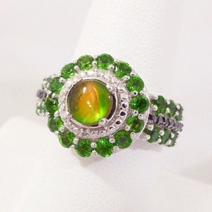 SALE!  Natural Canadian Ammolite, Russian Chrome Diopside Ring, 925 Sterling Silver, Size 8, Wedding, Engagement, Anniversary