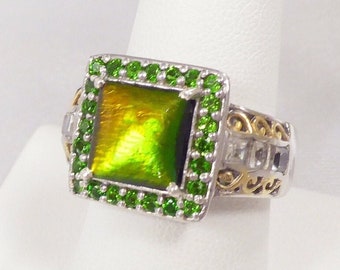 Vintage Natural Ammolite, Russian Chrome Diopside, White Topaz Ring, 14k Vermeil, 925 Sterling Silver, Size 9