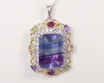 SALE! 20 Ct Emerald Cut Natural Bi-Color Fluorite, Rhodolite Garnet/Amy/Citrine/Peridot Pendant, 14k Vermeil, Sterling, 20” Chain