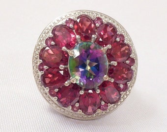 Vintage 15.50 carats Natural Rhodolite Garnet and Mystic Topaz Flower Ring, 925 Sterling Silver, Size 8