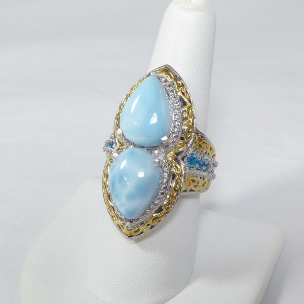 Natural Larimar and Neon Apatite Ring, 14k Yellow Gold Vermeil, 925 Sterling Silver, Size 8