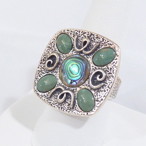 ON SALE!  Vintage Rare Carolyn Pollack Relios Sincerely Southwest Natural Abalone, Green Turquoise Ring, 925 Sterling Silver, Size 9