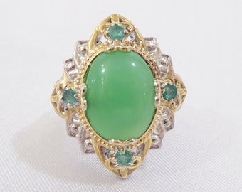 SALE!  Vintage Estate Natural Australian Chrysoprase, Zambian Emerald, 14k Gold Vermeil, 925 Sterling Silver Ring, Size 8