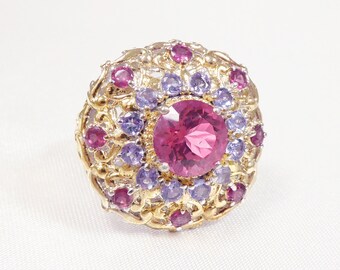 SALE!  Pink Mystic Topaz, Natural Tanzanite and Rhodolite Garnet Ring, 14k Yellow Gold Vermeil, 925 Sterling Silver, Size 9