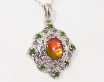 SALE!  Natural Canadian Ammolite, Russian Chrome Diopside Pendant, 925 Sterling Silver, 20 Inch Chain