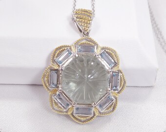 SALE!  Carved Natural Prasiolite Green Amethyst, Sky Blue Topaz Flower Pendant, 14k Vermeil, Sterling, 20” Italian Chain