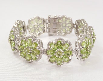 Estate 37.80 carats Natural Peridot Flower Bracelet, 925 Sterling Silver, 7-3/8 Inches