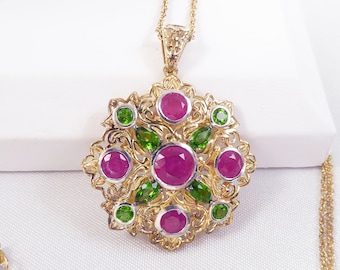 Estate Natural Ruby, Russian Chrome Diopside Pendant, 14k Vermeil, 925 Sterling Silver, 20” Vermeil Chain