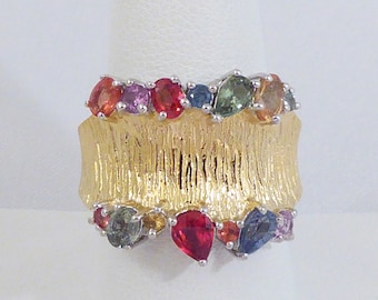 SALE!  Estate Natural Red, Orange, Green, Blue, Yellow, Pink Sapphire Band Ring, Florentine Finish 14k Vermeil, 925 Sterling, Size 8