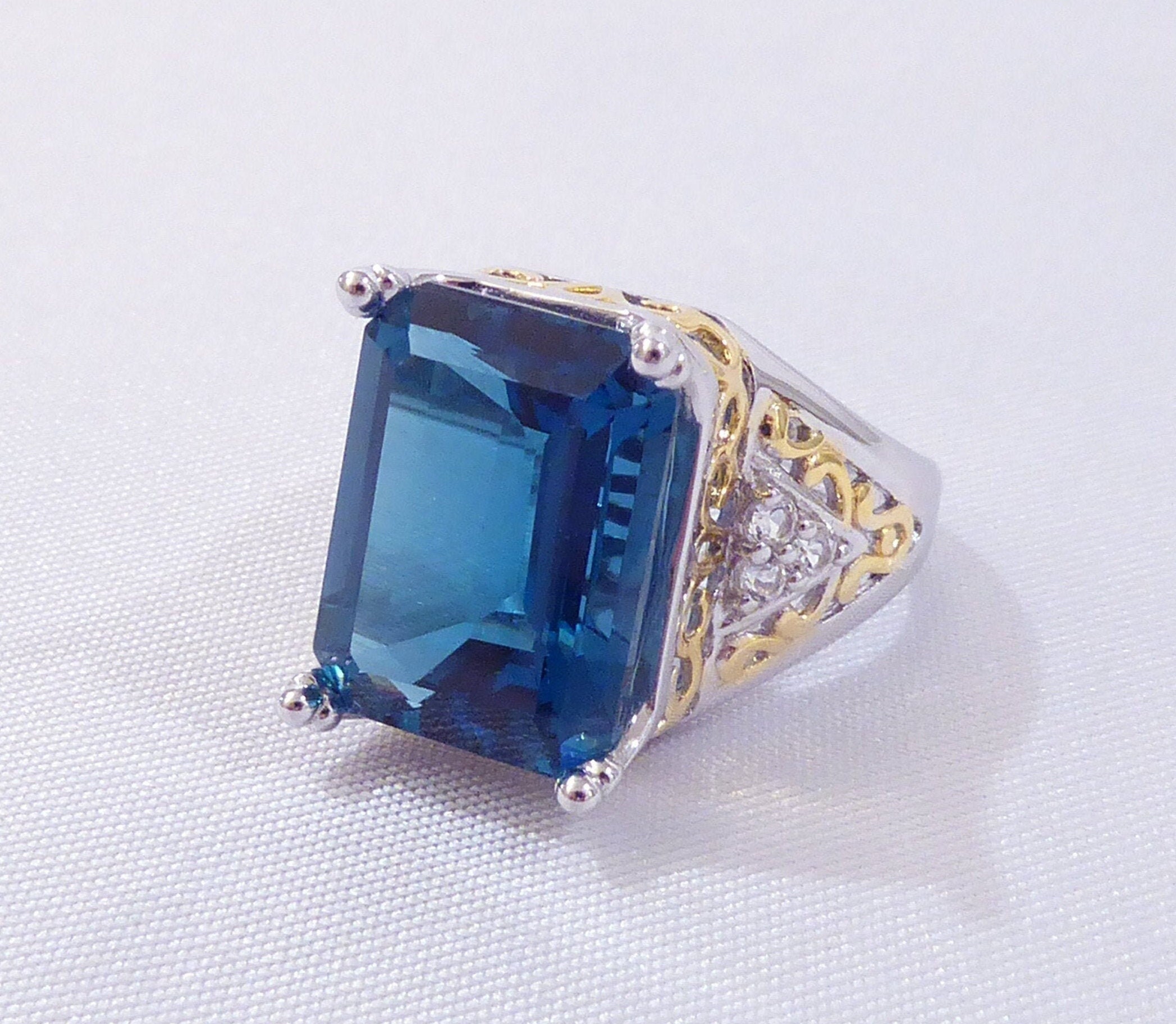 SALE!  Estate Emerald Cut Natural 13.85 ct London Blue Topaz, White Topaz Ring, 14k Gold Vermeil, 925 Sterling Silver, Size 8