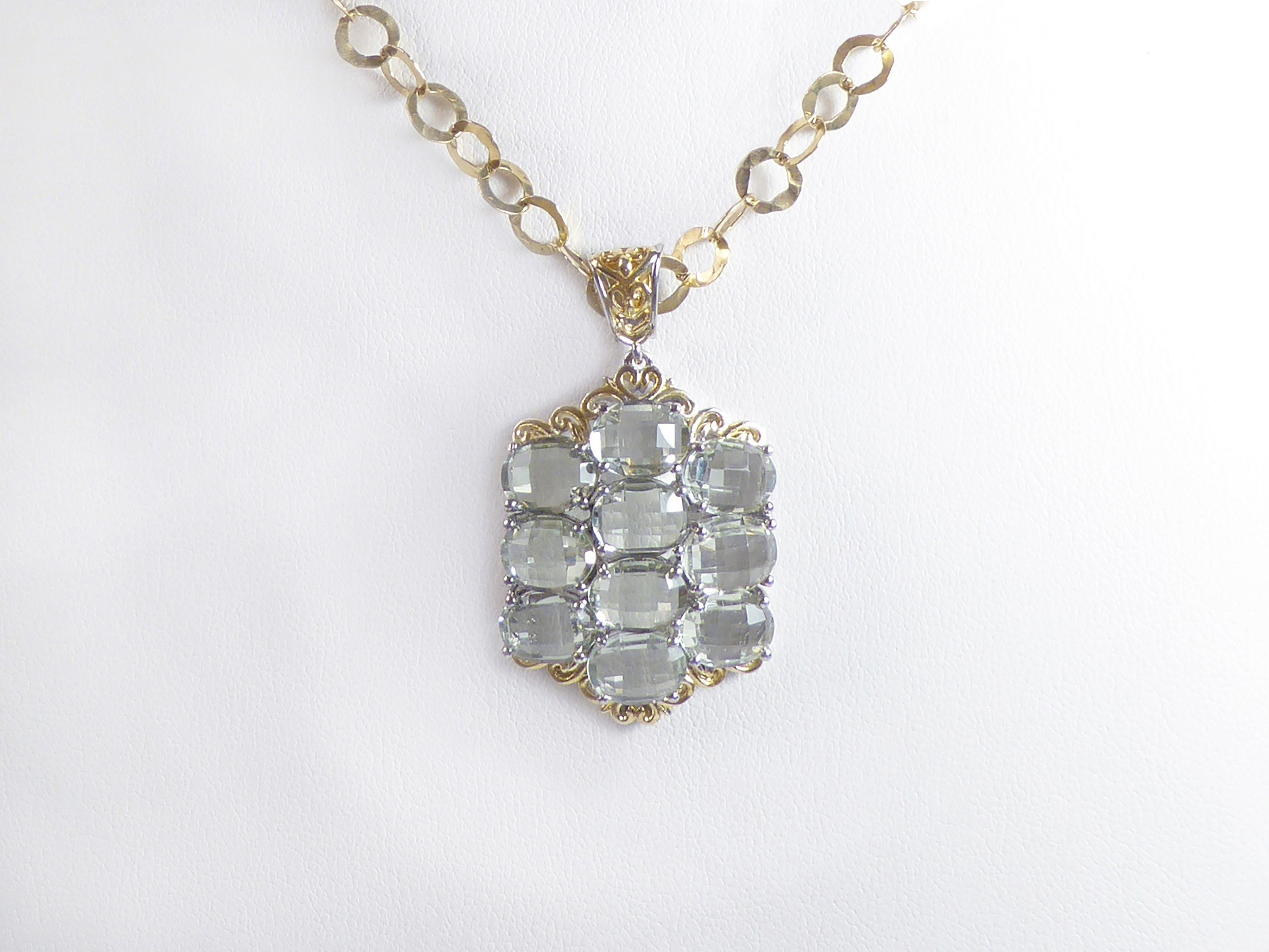 SALE!  Natural Prasiolite Green Amethyst/Mint Quartz Cobblestone Shield Pendant, 14k Gold Vermeil, Sterling Silver, 20" Italian Chain