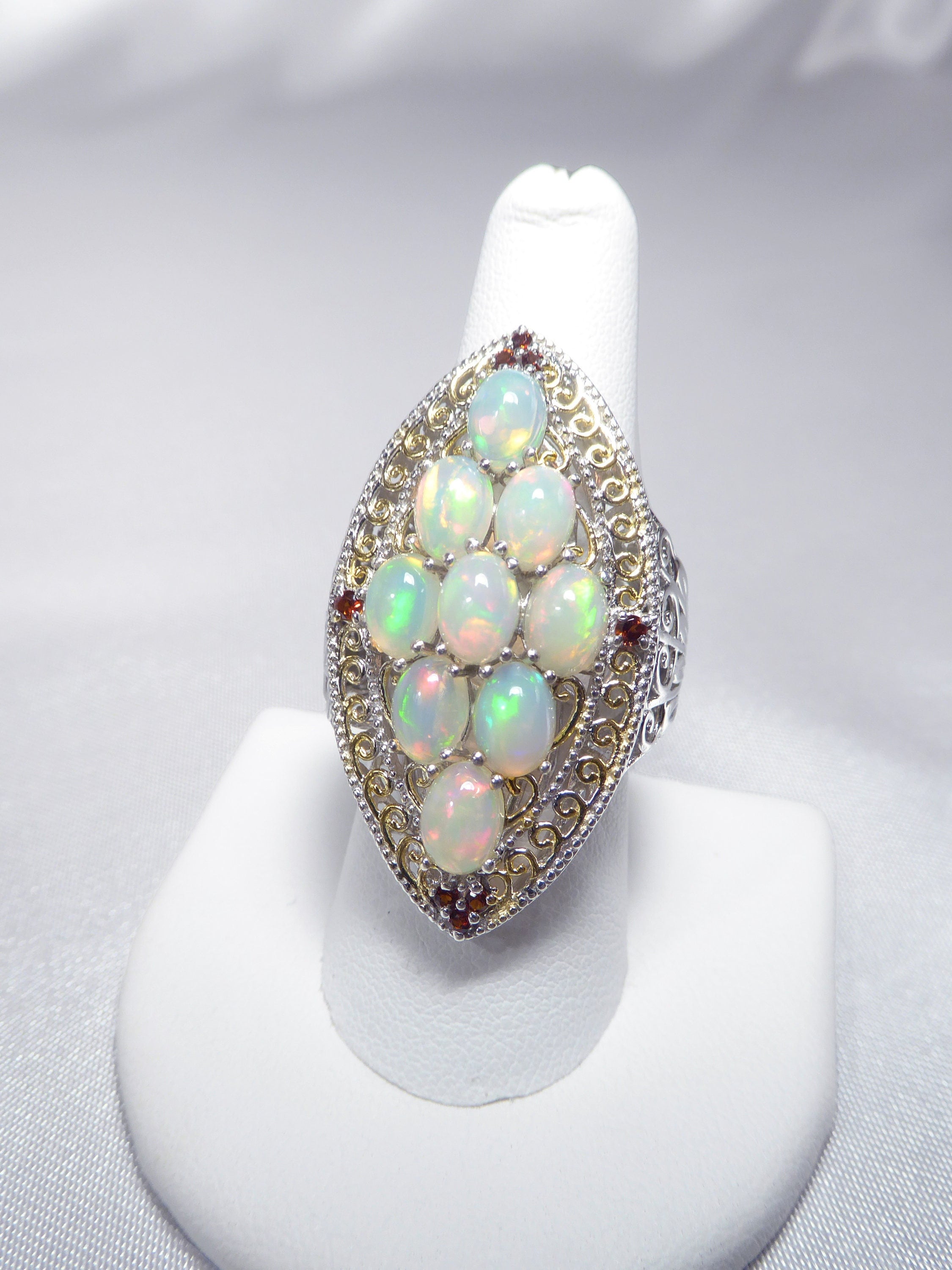 Estate Natural Ethiopian Opal, Garnet Spectacular Byzantine Scroll Design Ring, 14k Gold Vermeil, 925 Sterling Silver, Size 9