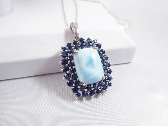 Vintage Natural Larimar and Double Halo Blue Sapp… - image 1