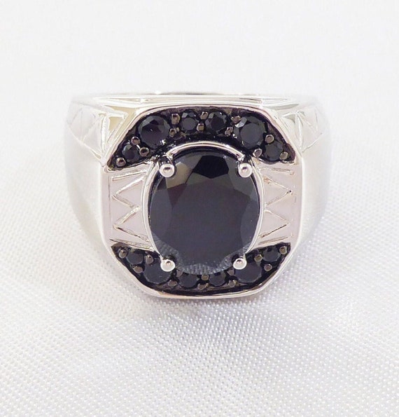 Vintage Natural Black Spinel Men's Ring, 925 Sterl