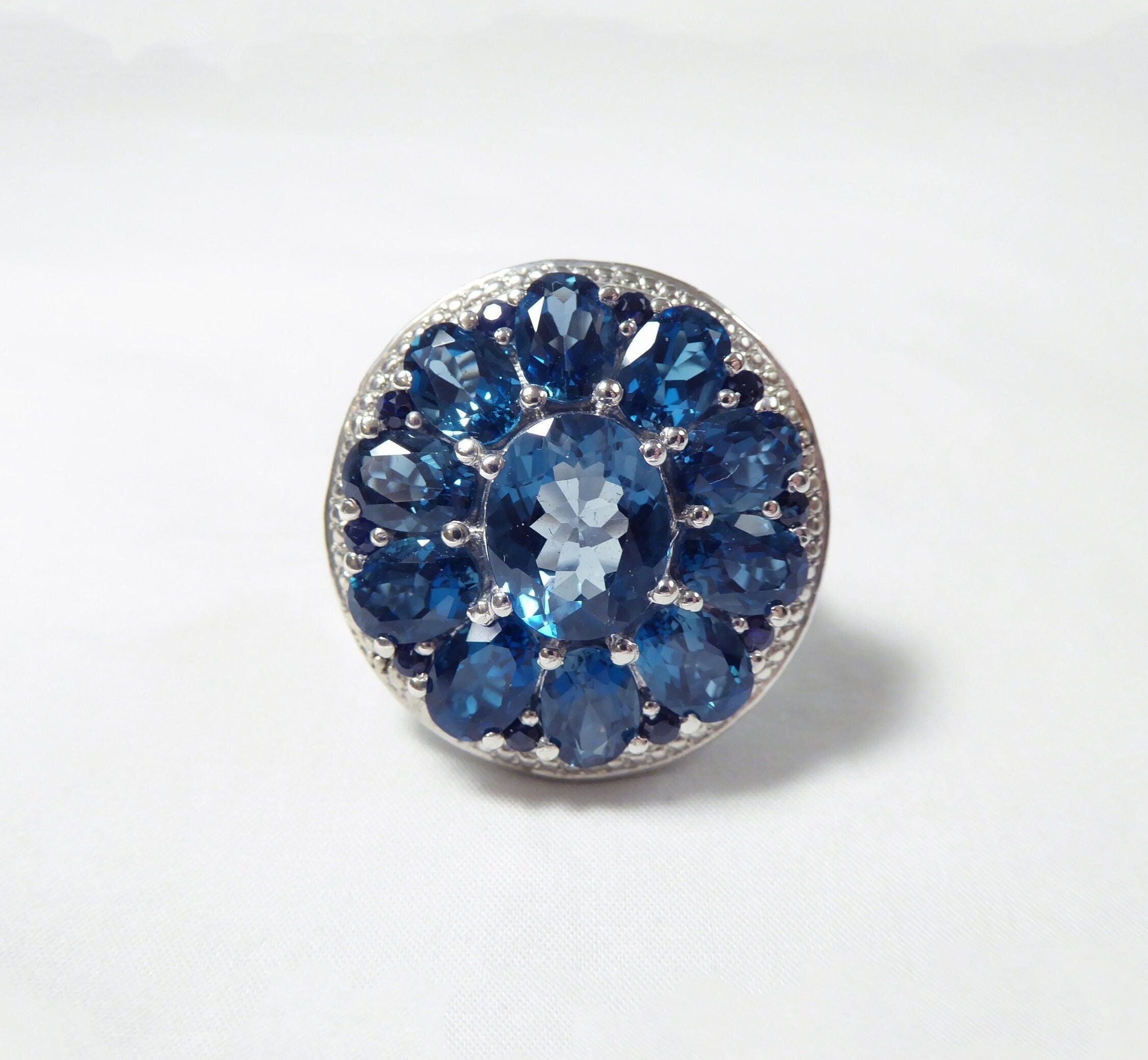 ON SALE! Natural London Blue Topaz and Blue Sapphire Flower Ring, 925 Sterling Silver, Size 8thumbnail