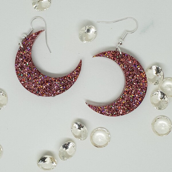 Crescent moon earrings, rose gold pink celestial earrings