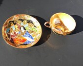 Satsuma Cup and Plate set. Vintage Japanese Satsuma Moriage