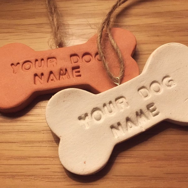 Personalised dog bones dog name plaque Christmas tree decoration gift handmade from clay white or terracotta