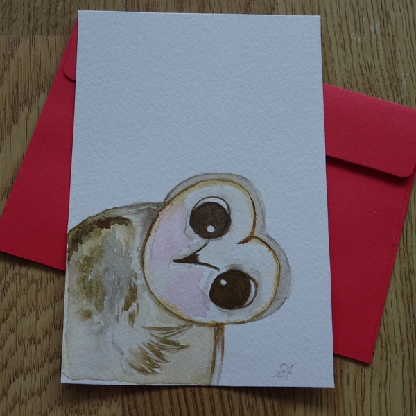 Carte postale aquarelle original - petite chouette effraie  mignonne - original watercolor postcard - cute barn owl