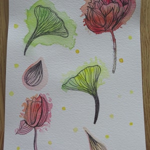Aquarelle originale printemps tulipes ginko fleurs - original watercolor ginko flowers tulip