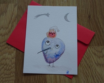 Watercolor postcard - original handmade - small birds accomplices under the stars - original watercolor postcard cute birds