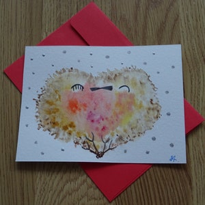Carte postale aquarelle - original fait main - rouge-gorge amoureux sous la neige - mignon  - coeur - original watercolor postcard robin