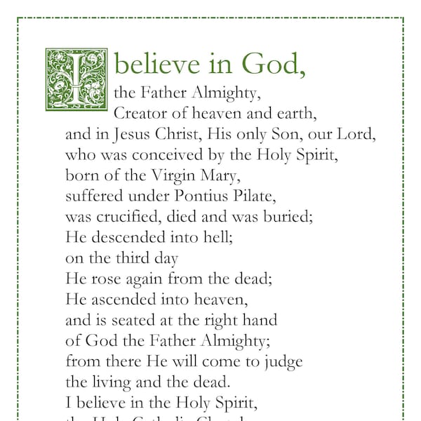 Apostles Creed English Catholic prayer card / printable A4 wall art / Christian decor