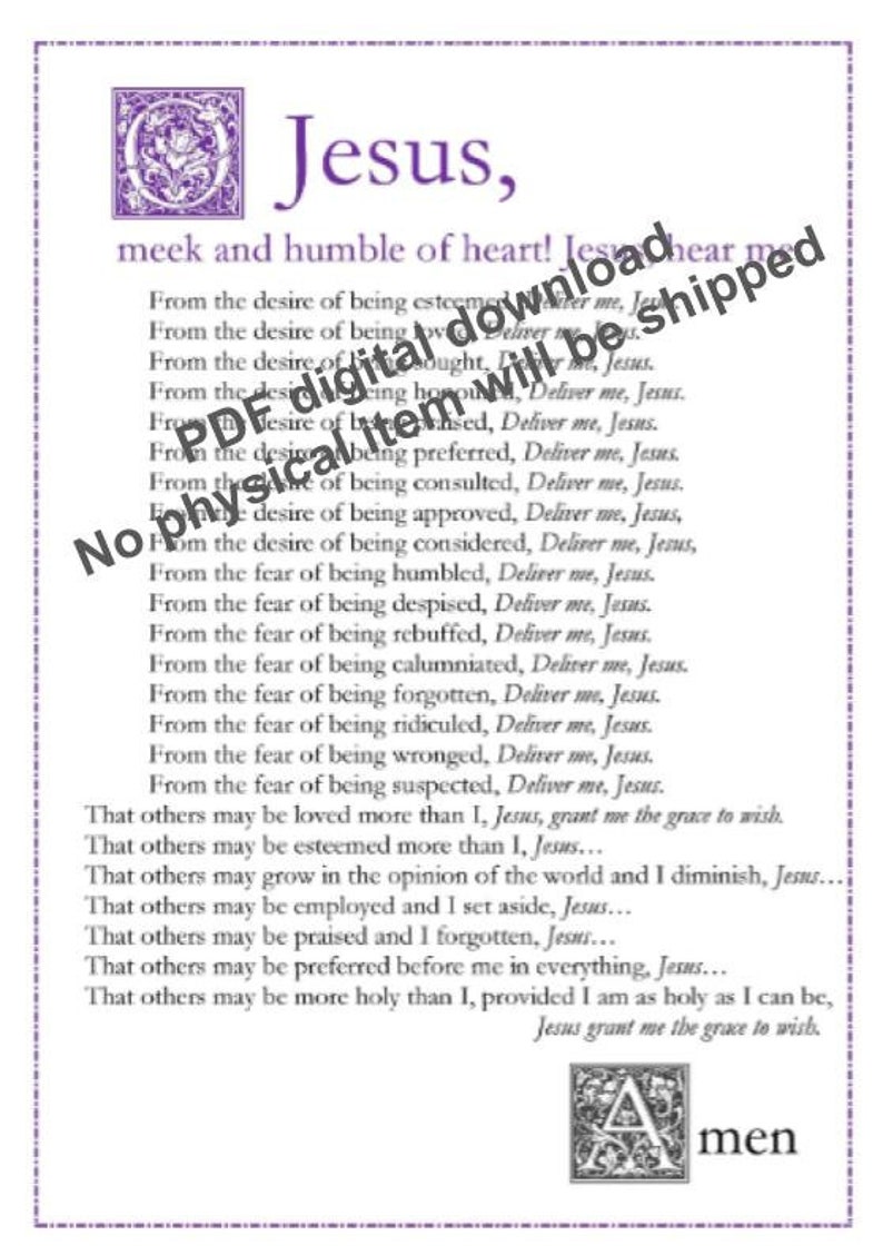Litany of Humility (in English) Catholic Prayer Card / Printable A4 ...