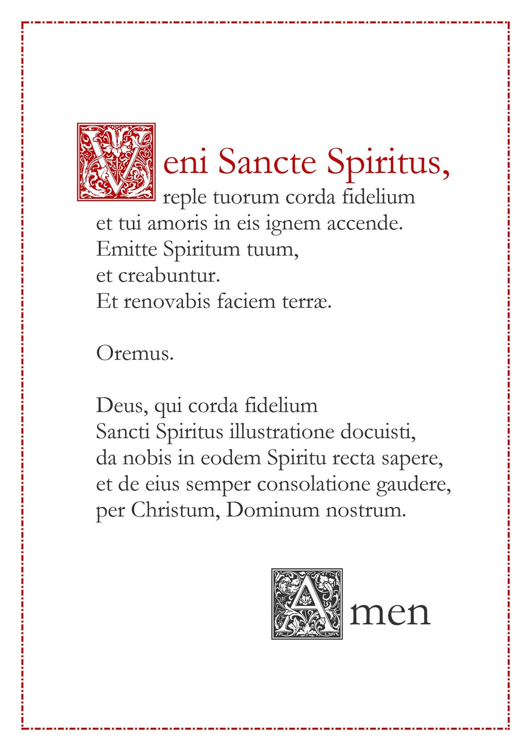 Veni, Sancte Spiritus come, Holy Spirit Latin Catholic Prayer Card