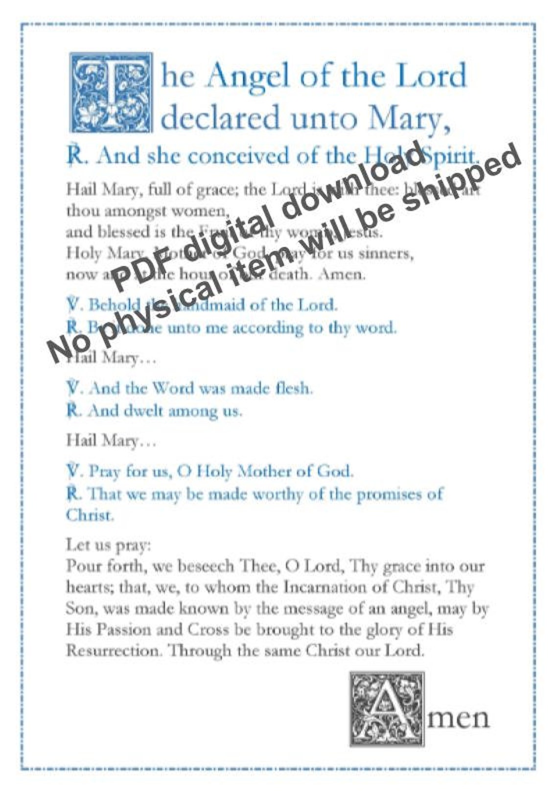 Angelus English Catholic Prayer Card / Printable A4 Wall Art ...