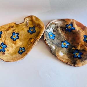 Könnte beinhalten: Zwei Austernschalen, handbemalt mit blauen und gelben Vergissmeinnicht-Blumen. Die Schalen haben eine natürliche, beige-braune Farbe. Die Blumen sind gleichmäßig über die Oberfläche der Schalen verteilt. Dekorative Küstendekoration.