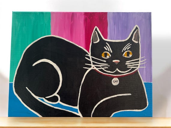 Happy Black Cat Lounging Acrylic Art Painting Original A3 on